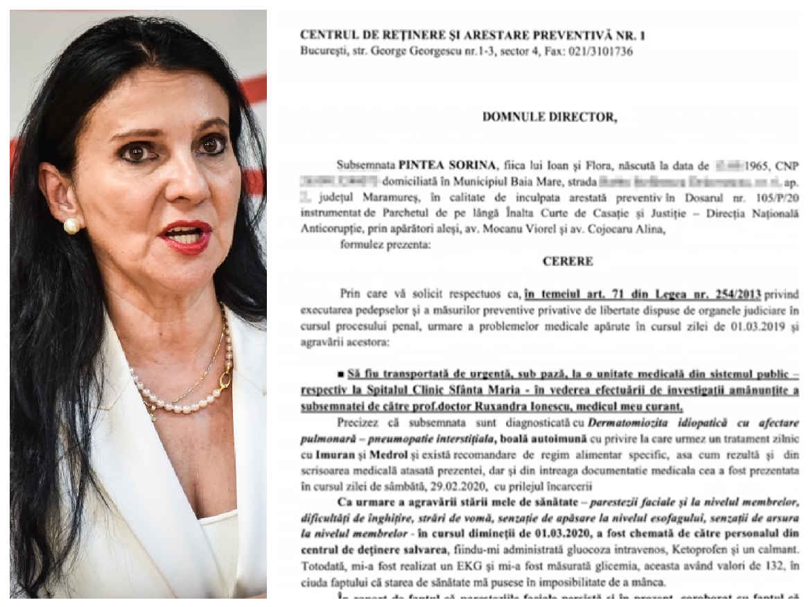 DOCUMENT. Cererea Sorinei Pintea de a fi internată în spital. Invocă afecțiuni grave: „parestezii faciale și la nivelul membrelor, stări de vomă, dificultăți de înghițire”