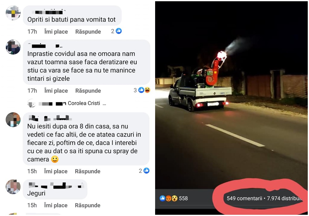 Ultima teorie a conspirației la români: „ăștia“ dau cu Covid pe străzi! O banală poză cu o mașină de dezinsecție a stârnit isteria: 8.000 de distribuiri pe Facebook!