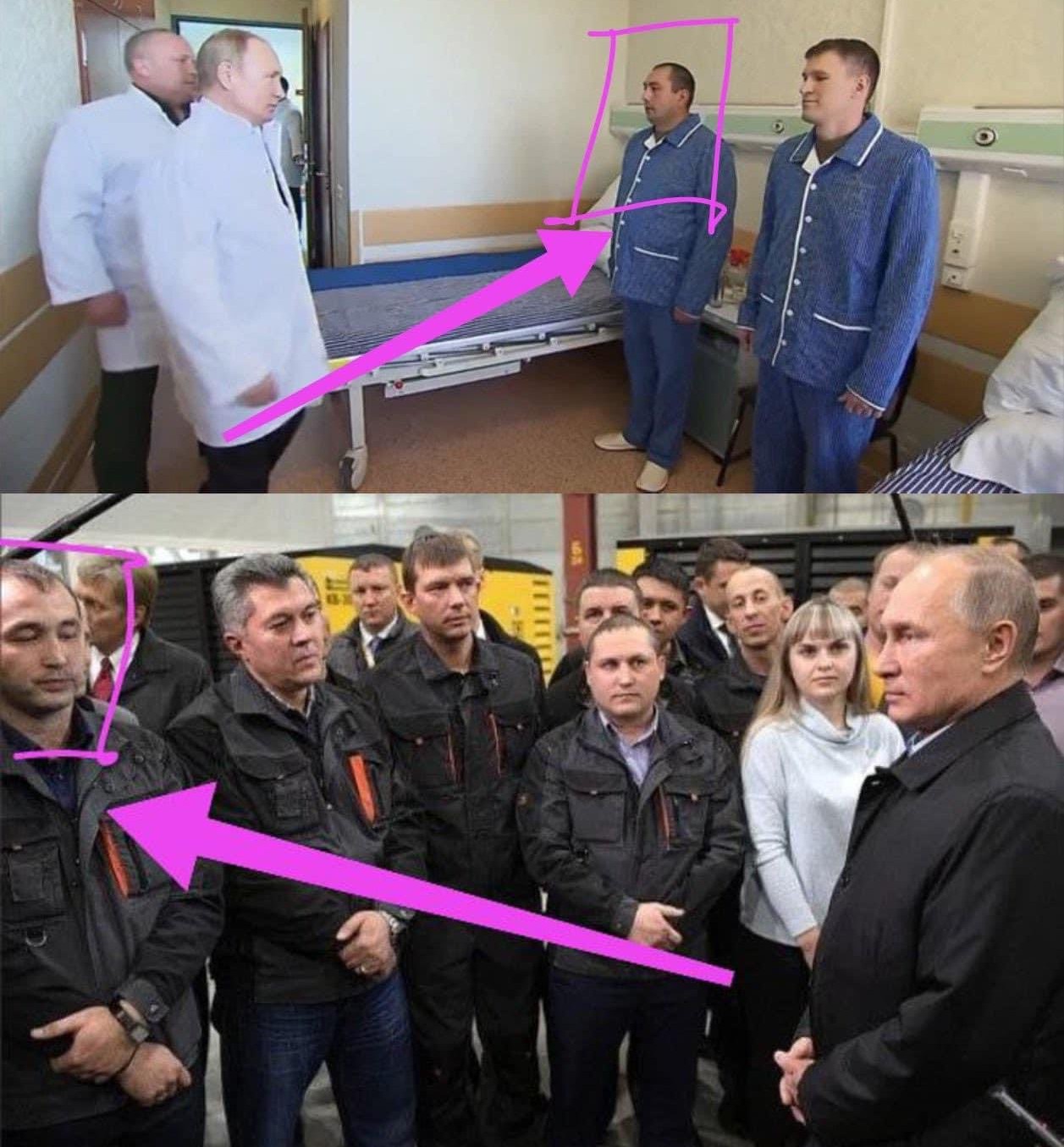 Dintre cei doi „soldați răniți” pe care i-a vizitat Putin la spital, cel puțin unul era fals! În trecut, el jucase și rolul de „muncitor” într-o fabrică vizitată de dictator