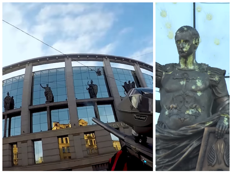 VIDEO. Statuia lui Putin a fost „mitraliată” simbolic în centrul orașului Sankt Petersburg, cu o armă de paintball