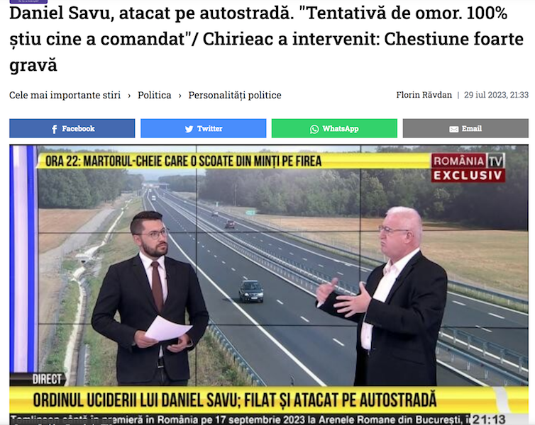 RTV insinuează că Firea și Pandele au încercat să-l omoare pe fostul senator SRI-ist Daniel Savu (PSD), prietenul fugarului Sebastian Ghiță, patronul televiziunii