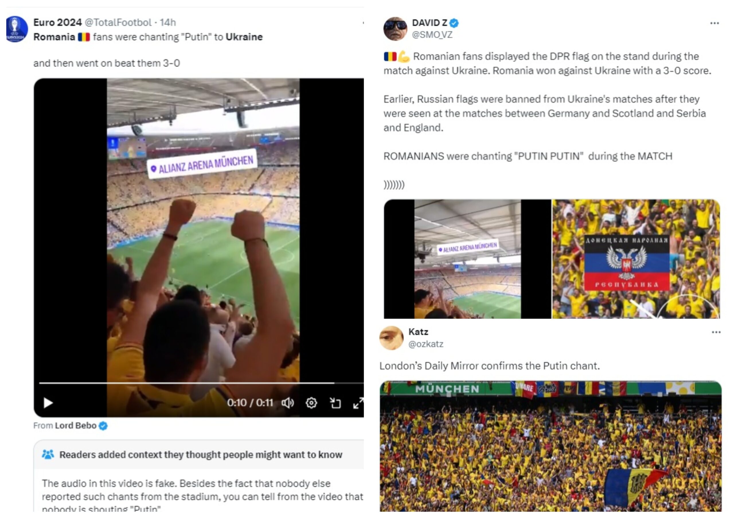 VIDEO. Imagini trucate de propaganda rusă la meciul România-Ucraina, ca să pară că fanii tricolorilor scandează „Putin!, Putin!“. În realitate, cei 30.000 de suporteri români au scandat „Ucraina!“