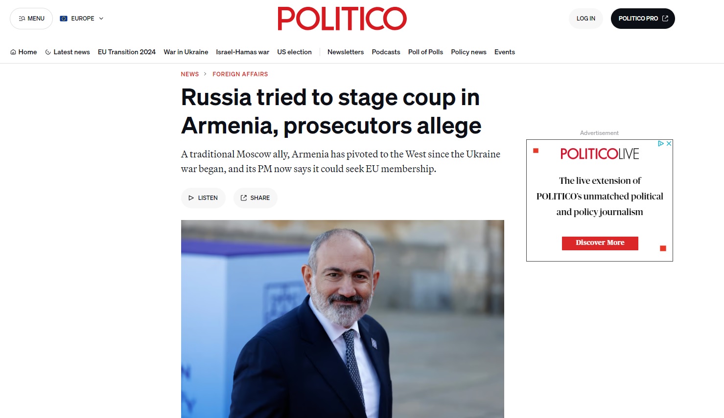 Rusia a încercat să dea o lovitură de stat în Armenia, pentru a răsturna guvernul pro-occidental. Puciul a fost dejucat de serviciile speciale armene, iar acum țara vrea să ceară aderarea la UE
