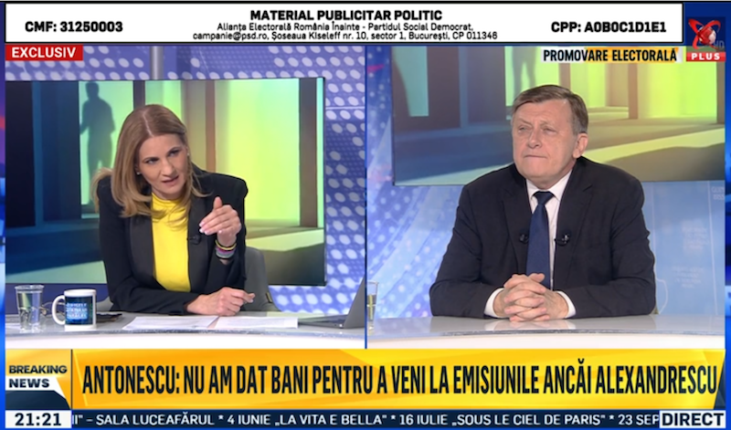 Combinația pe bani mulți Crin Antonescu – Anca Alexandrescu. Cei doi au mințit în Joia Mare: interviurile de la Realitatea Plus au fost plătite de PSD! Televiziunea clanului Păcuraru a încasat „o sumă cu 6 zerouri”